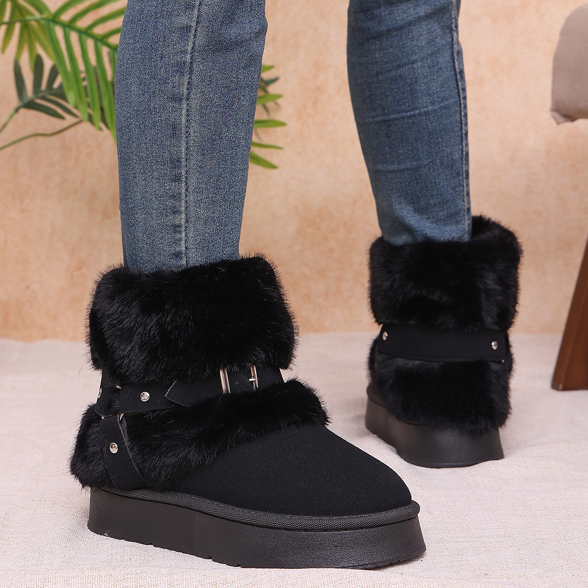 Fabric Chunky-Sole Round Toe Platform Boots