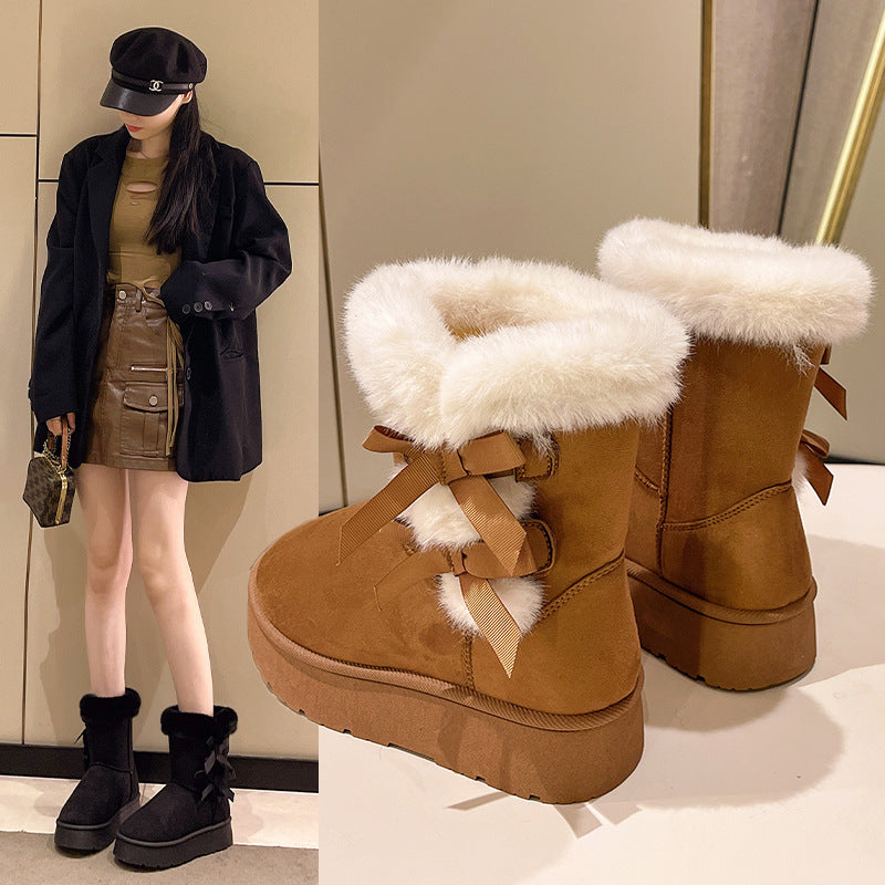 Bootara Women's Bow-Knit Cozy Winter Boots - Shearling Lined Chunky Platform Snow Boots (US 5-9.5)