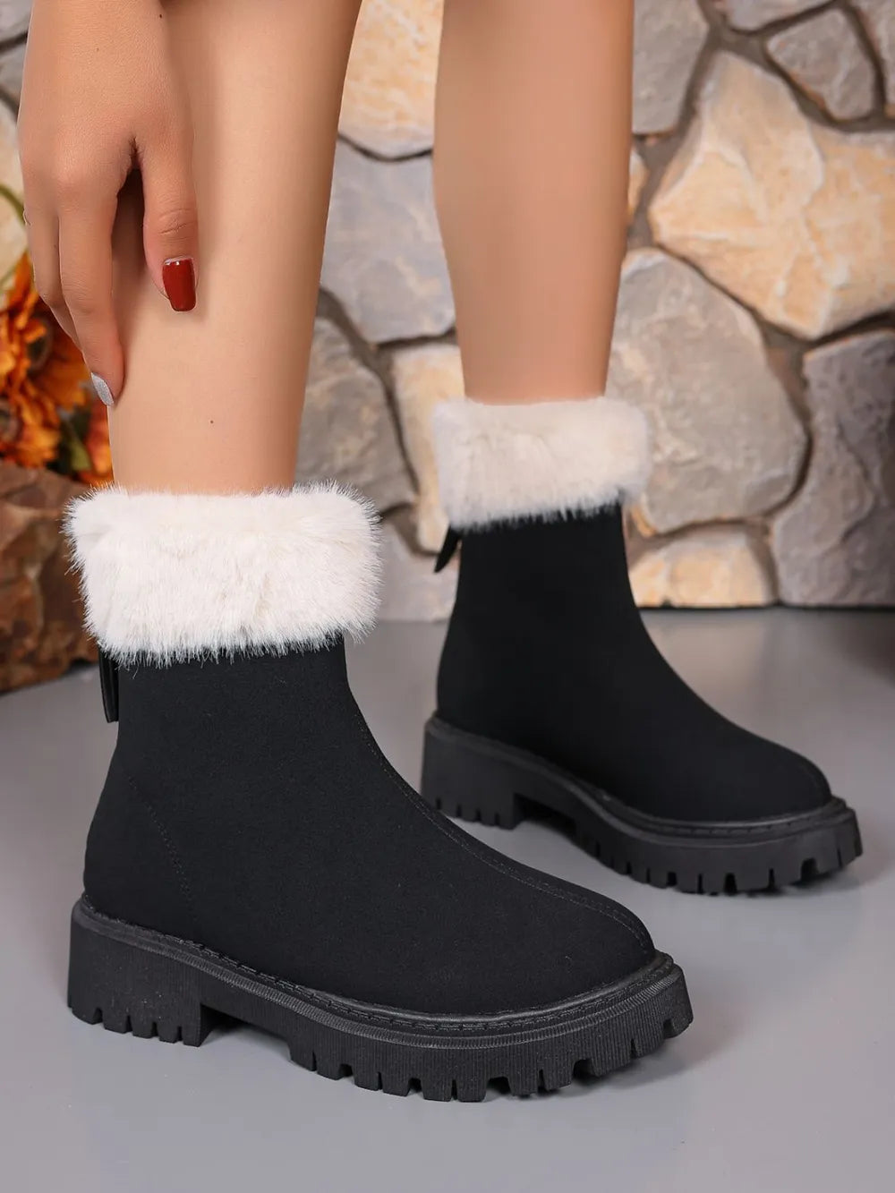 Suede Ankle Boots with Faux Fur Trim