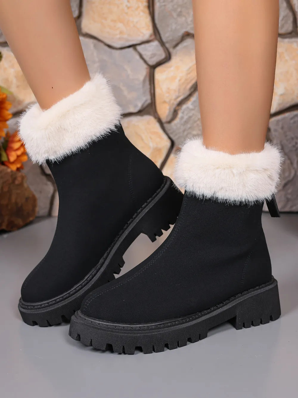 Suede Ankle Boots with Faux Fur Trim