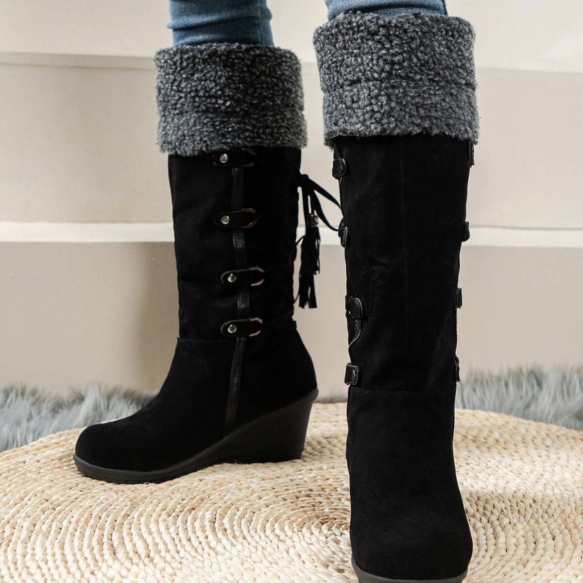 Faux Fur Lined Suede Wedge Boots