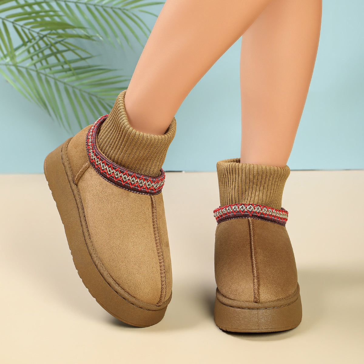 Cozy Knit-Cuff Platform Faux Suede Boots