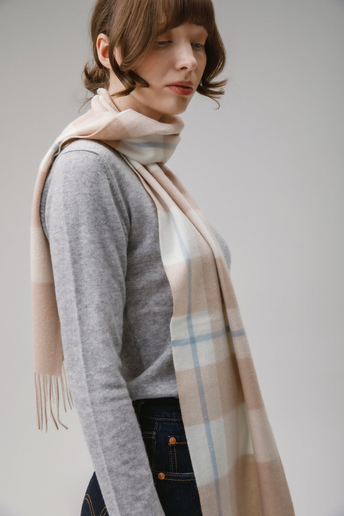 Contemporary Check Cashmere Scarf - Champagne Pink
