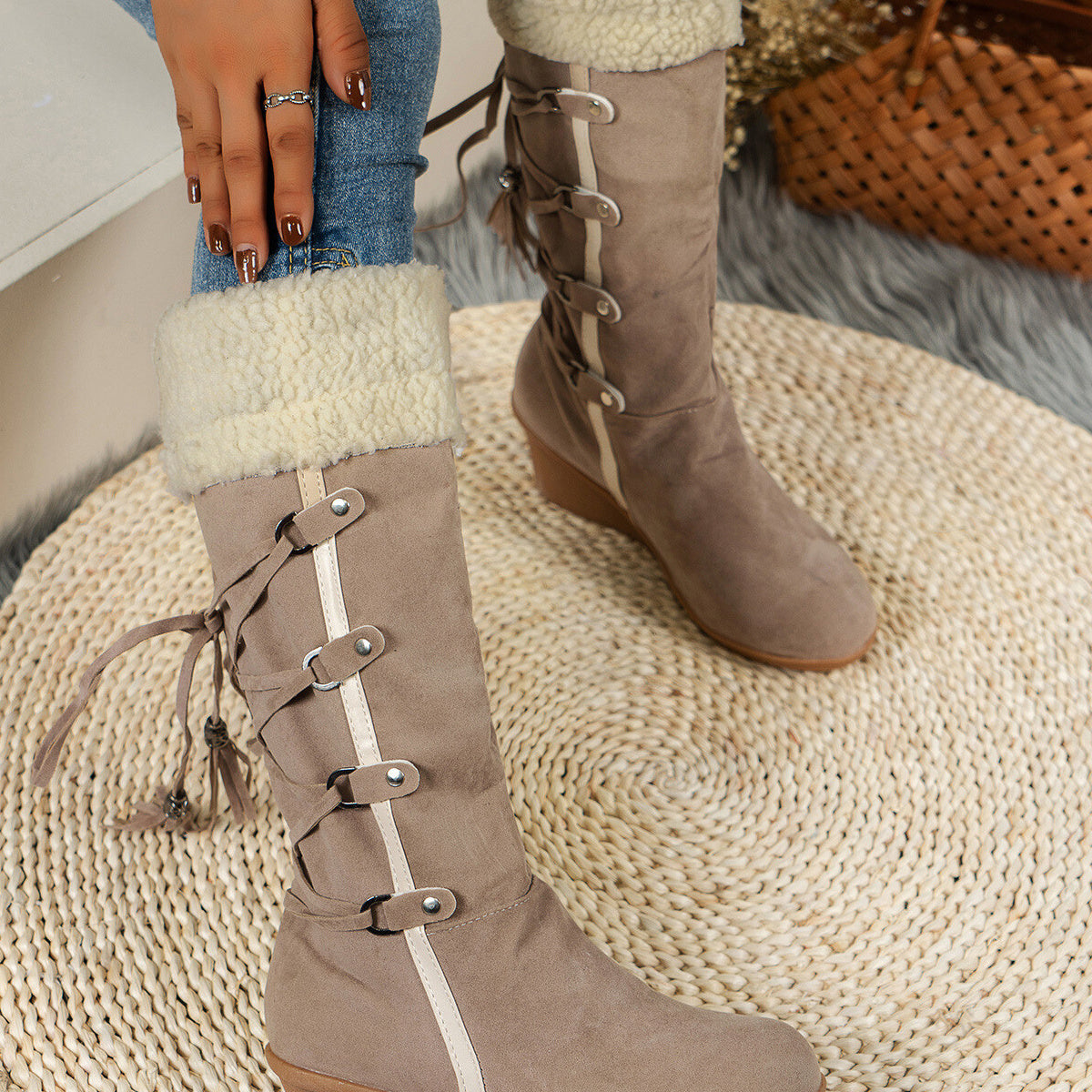 Faux Fur Lined Suede Wedge Boots