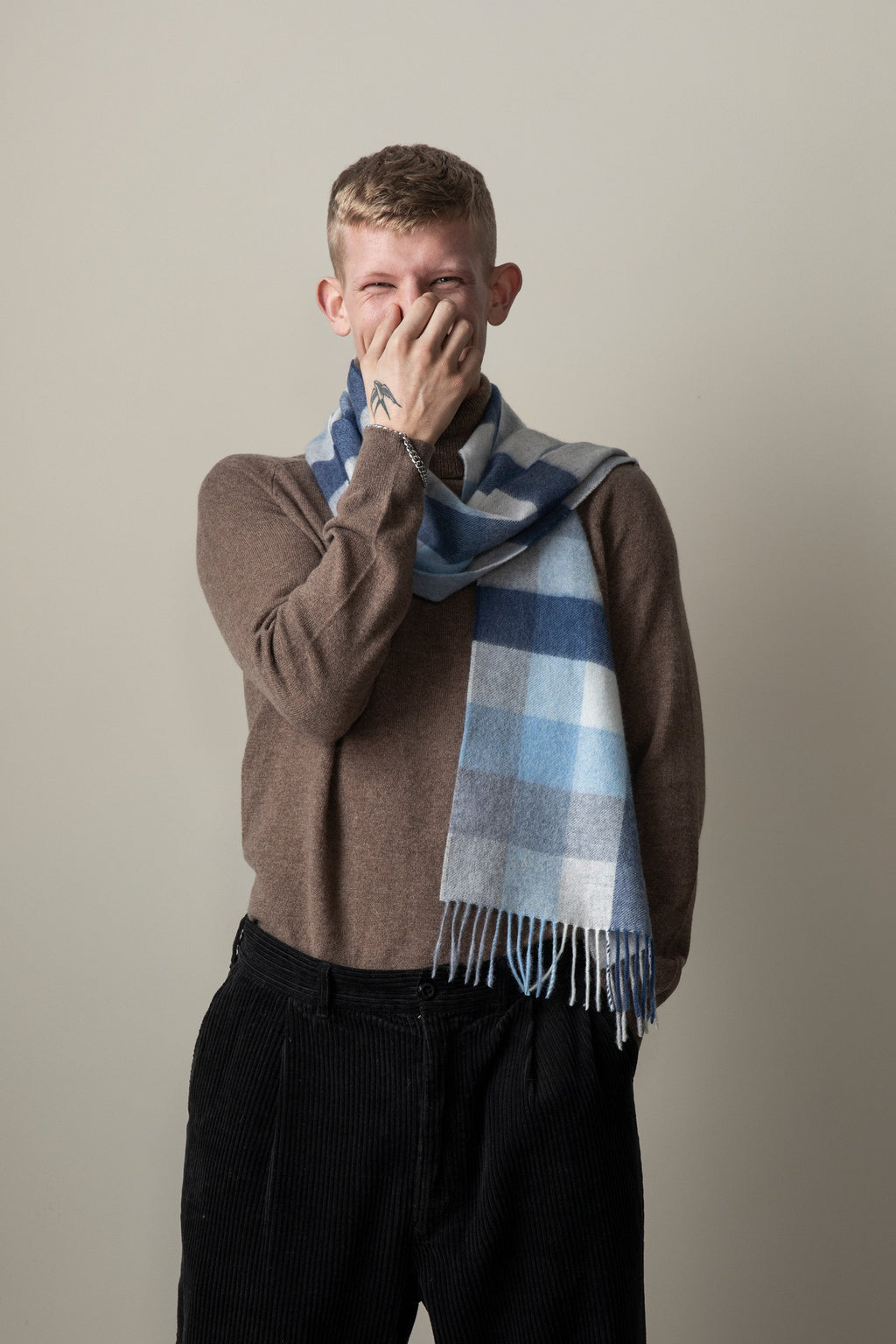 5 Square Check Cashmere Scarf - Glacier