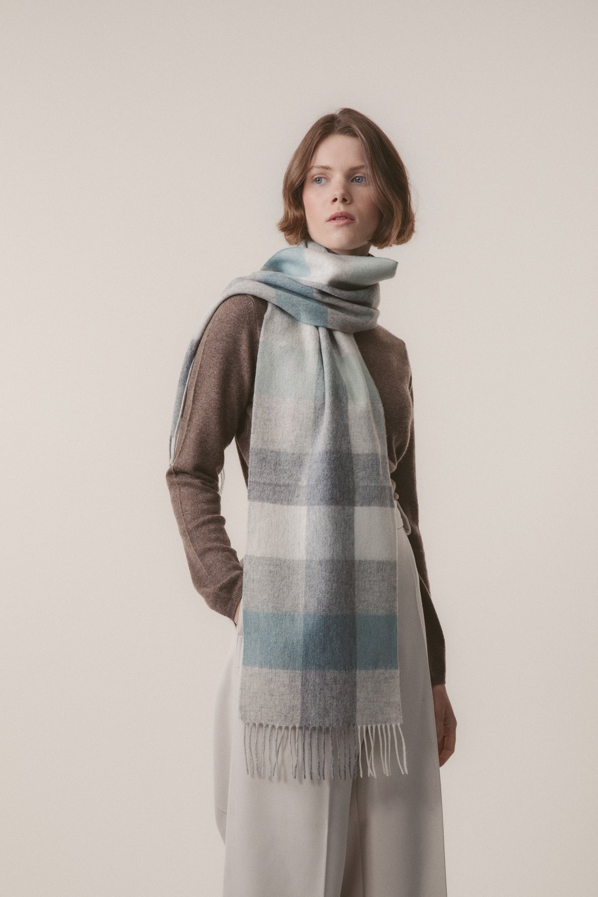3 Square Check Lambswool Scarf - Sea Breeze