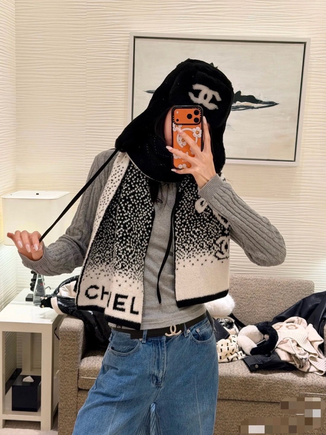 Chanel Black & Cream Logo Knit Scarf